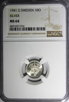 SWEDEN Gustaf V Silver 1941 G 10 Ore NGC MS64 WWII ISSUE KM# 780 (016)