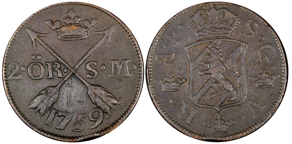 Sweden Adolf Frederick Copper 1759 2 Ore, S.M. Mintage-352,000 KM# 461 (21 344)