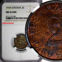 ESTONIA Bronze 1934 2 Senti NGC MS63 BN 1 YEAR TYPE KM# 15 (038)