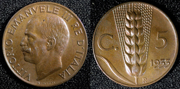 Italy Vittorio Emanuele III Bronze 1933 R 5 Centesimi UNC KM# 59 (23 664)