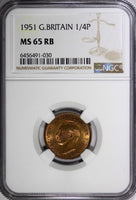 Great Britain George VI Bronze 1951 1 Farthing NGC MS65 RB TOP GRADED KM# 867(0)