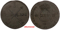 Sweden Carl XIV Johan Copper 1820 1 Skilling Oblique KEY DATE VF SCARCE KM597(9)