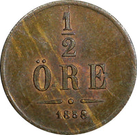 Sweden Oscar I Bronze 1858 1/2 Ore RED-BROWN UNC KM# 686 (21 887)