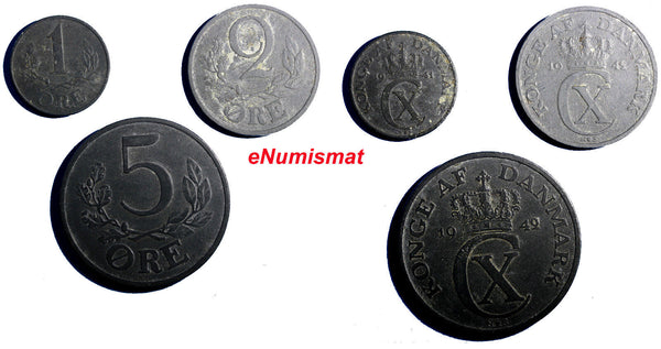 Denmark LOT OF 3 COINS Zinc WWII 1942-1944  5, 2 ,1 Ore  KM# 834a 832 833a (94)