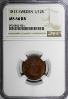 Sweden Carl XIII Copper 1812 1/12 Skilling NGC MS66 RB TOP GRADED !!! KM#584(4)