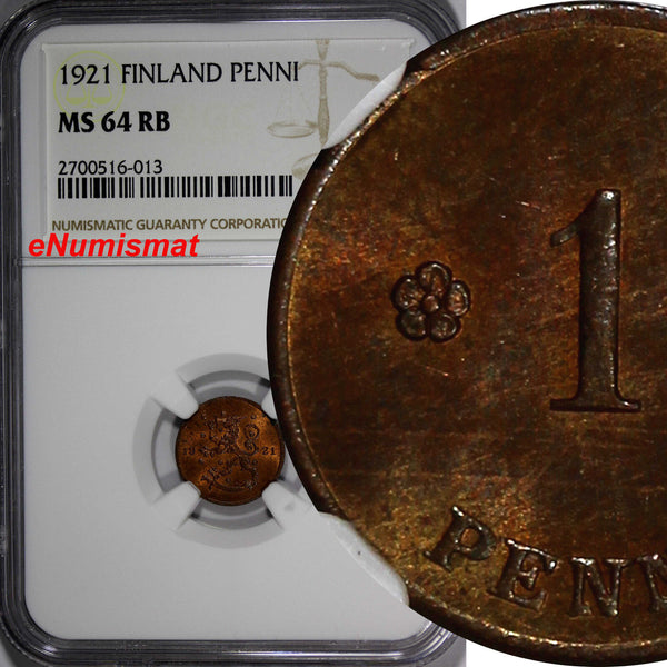 Finland Copper 1921 1 Penni NGC MS64 RB TOP GRADED BY NGC KM# 23 (013)