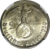 GERMANY-Third Reich Silver 1939 D 2 ReichsMark NGC MS62 Hindenburg KM# 93 (011)