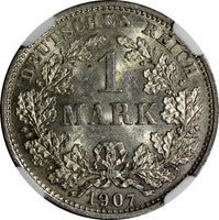 Germany-Empire Wilhelm II Silver 1907 D 1 Mark NGC MS62 MINT LUSTER KM# 14 (011)