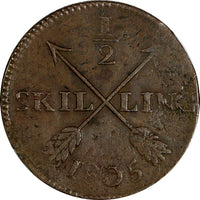 SWEDEN Gustaf IV 1805 1/2 Skilling OVERSTRUCK on 1 Ore (1730-1767) KM# 565 (888)