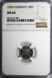 Norway Haakon VII Copper-Nickel 1954 10 Ore NGC MS64 KM# 396 (087)