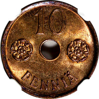 Finland Copper 1941 10 Pennia NGC MS65 RB TOP GRADED BY NGC WWII KM# 33.1