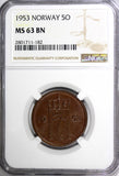 Norway Haakon VII Bronze 1953 5 Ore NGC MS63 BN  KM# 400 (182)