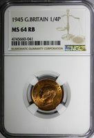 Great Britain George VI Bronze 1945 Farthing NGC MS64 RB RED TONING KM# 843