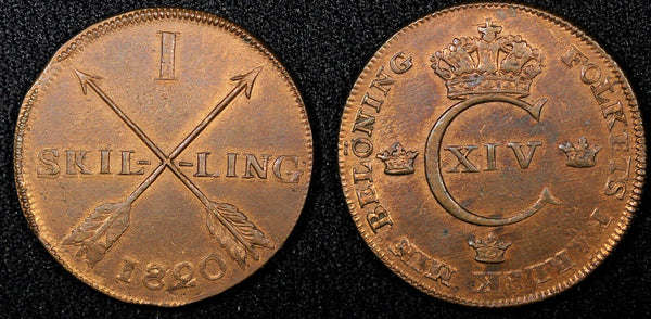 Sweden Carl XIV Johan Copper 1820 1 Skilling KEY DATE XF SCARCE KM# 597 (566)