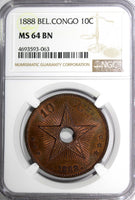 Belgian Congo Free State Leopold II Copper 1888 10 Centimes NGC MS64 BN KM#4
