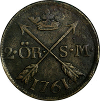 SWEDEN Adolf Frederick Copper 1761 S.M. 2 Ore Mintage-422,000 KM# 461 (15124)
