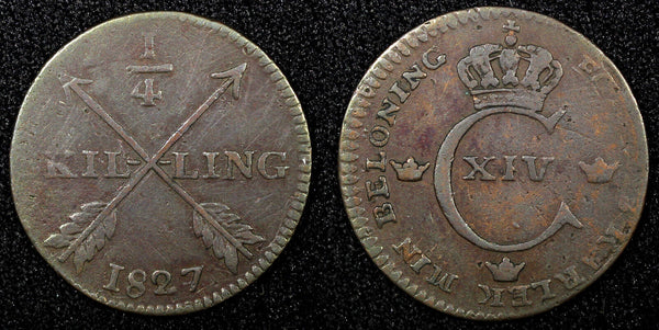 SWEDEN Carl XIV Johan Copper 1827 1/4 Skilling 26 mm  KM# 595 (22 604)