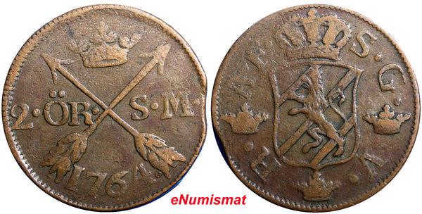 SWEDEN COPPER Adolf Frederick 1764 2 Ore,S.M  BROWN  KM#461 (2370)