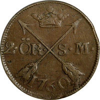 SWEDEN Adolf Frederick (1751-1771) 1760 S.M. 2 Ore Mintage-558,000 KM#461 15118