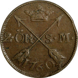 SWEDEN Adolf Frederick (1751-1771) 1760 S.M. 2 Ore Mintage-558,000 KM#461 15118