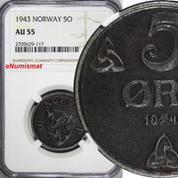 Norway Iron 1943 5 Øre NGC AU55 World War II German occupation issue KM# 388 (7)