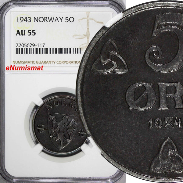 Norway Iron 1943 5 Øre NGC AU55 World War II German occupation issue KM# 388 (7)