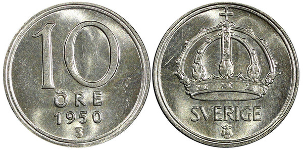 Sweden Gustaf V (1907-1950) Silver 1950 10 Öre GEM BU KM# 813 (22 057)