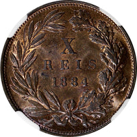 Portugal Luiz I Bronze 1884 10 Reis NGC MS64 RB NICE TONING KM# 526 (007)