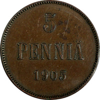 Finland Nicholas II Copper 1905 5 Pennia Mintage-620,000 BETTER DATE KM# 15