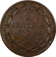 Sweden Oscar I Copper 1852 2 Skilling Banco 33.5 mm Mintage-61,420 KM# 664 (855)