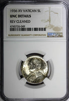 Vatican City Pius XI (1922-1939) Silver 1936/XV 5 Lire NGC UNC DETAILS KM# 7