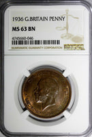 GREAT BRITAIN George V Bronze 1936 1 Penny NGC MS63 BN NICE TONING KM# 838