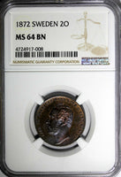 SWEDEN Bronze Carl XV Adolf 1872 2 ORE NGC MS64 BN Nice Toned KM#706