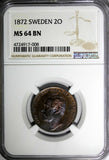 SWEDEN Bronze Carl XV Adolf 1872 2 ORE NGC MS64 BN Nice Toned KM#706