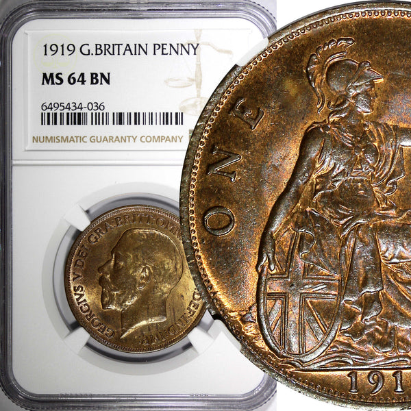 Great Britain George V Bronze 1919 1 Penny NGC MS64 BN 1 GRADED HIGH KM# 810 (6)