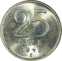 Sweden Gustaf V Silver 1948 TS 25 Öre  RAINBOW GEM BU COIN KM# 816 (22 024)