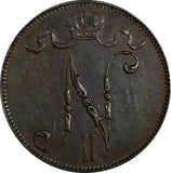 Finland Nicholas II Copper 1896 5 Penniä Mintage-410,000 1st Date KM# 15  (730)