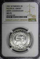 SWEDEN Gustaf V Silver 1921 W 2 Kronor NGC MS65 400th Political Liberty KM799(9)
