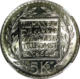 SWEDEN Silver 1966-U 5 Kronor NGC MS66 Constitution Reform 1 YEAR TYPE KM# 839