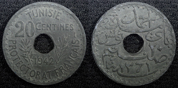 TUNISIA  Zinc 1942 20 Centimes WWII Issue TONED KM# 268 (23 011)