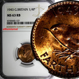 Great Britain George VI Bronze 1943 Farthing NGC MS63 RB KM# 843 (127)