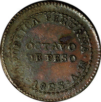 Peru Copper 1823 LIMA V 1/8 Peso,Octavo De Initial "V" ch.XF RARE KM137 (13 990)