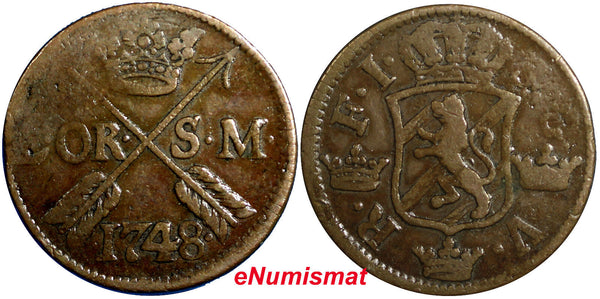 Sweden Frederick I 1748 2 Ore,S.M.Low Mintage-461,000 Better Details KM#437 (99)