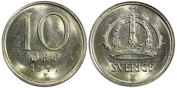 Sweden Gustaf V (1907-1950) Silver 1947 10 Öre UNC KM# 813 (22 064)