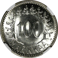 Finland Silver 1960 S 100 Markkaa NGC MS66 Low Mintage-290,000 BU KM# 41 (028)