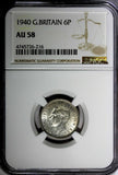 GREAT BRITAIN George VI Silver 1940 6 Pence NGC AU58  KM# 852