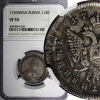 RUSSIA Elizabeth Silver 1743 MMD Polupoltinnik NGC VF35 RARE TOP GRADED C# 17(9)