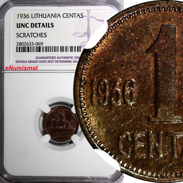 Lithuania Bronze 1936 1 Centas NGC UNC DETAILS1 YEAR TYPE KM# 79 (069)
