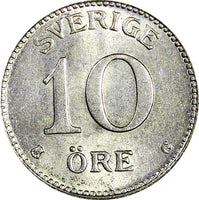 SWEDEN Gustaf V Silver 1935 G 10 Öre CHOICE UNC KM# 780 (22 141)