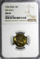 Peru 1954 10 Centavos NGC MS64 Thin Planchet TOP GRADED BY NGC KM# 224.2 (039)